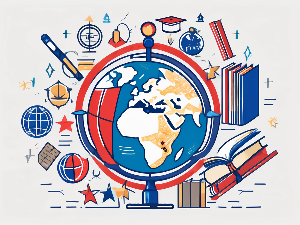 A globe surrounded by different school-related symbols like books