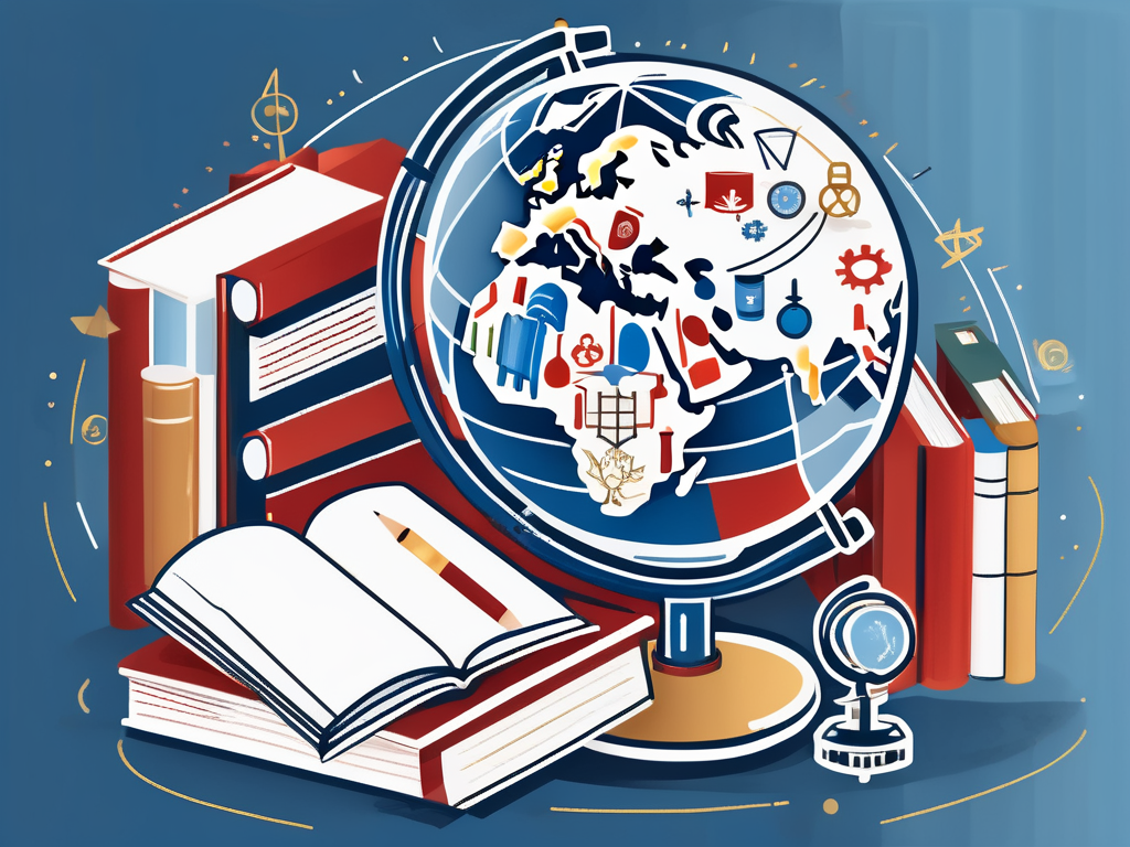 A globe surrounded by various educational symbols such as books