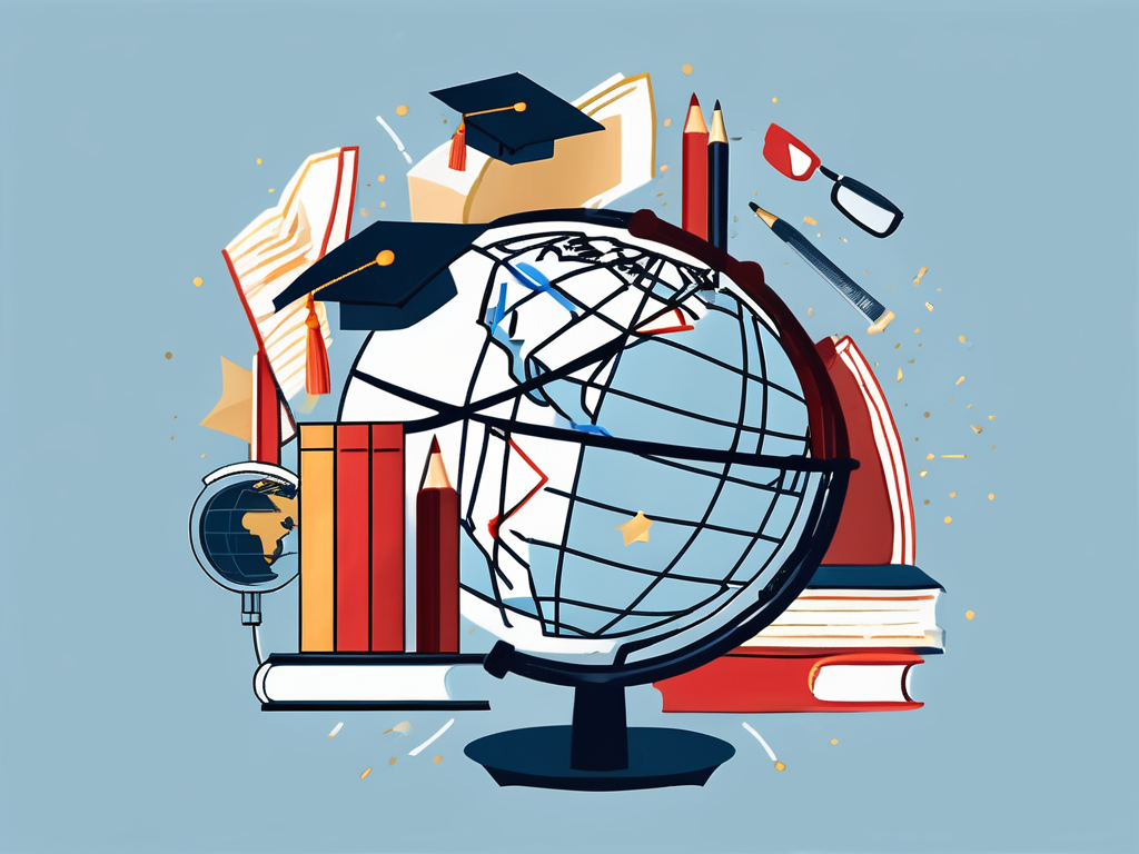 A globe with different iconic school items such as a graduation cap