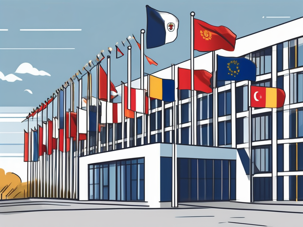 A university building with various international flags flying around it
