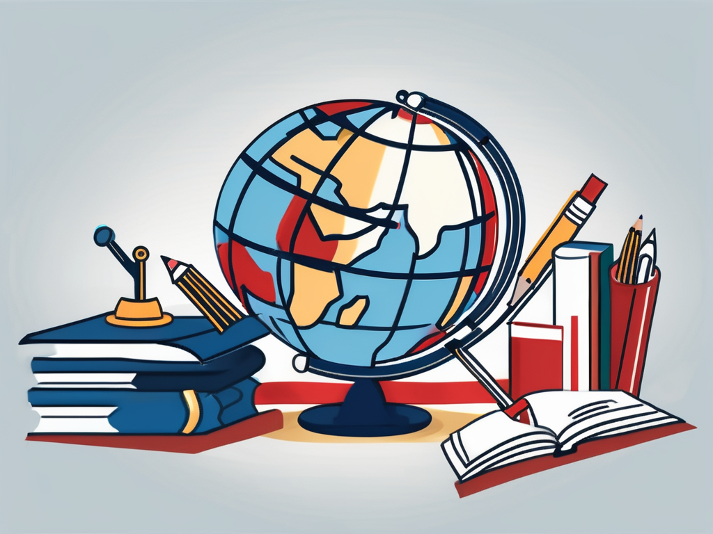A globe with different educational tools such as books