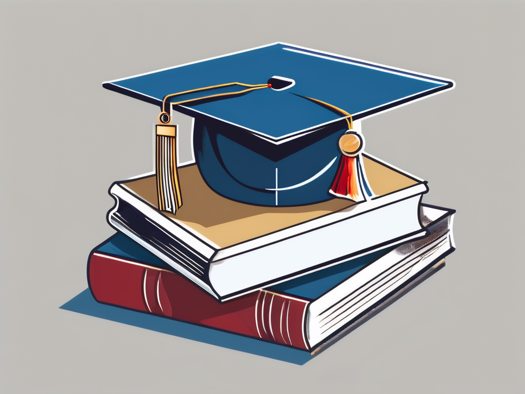 A graduation cap sitting atop a stack of textbooks