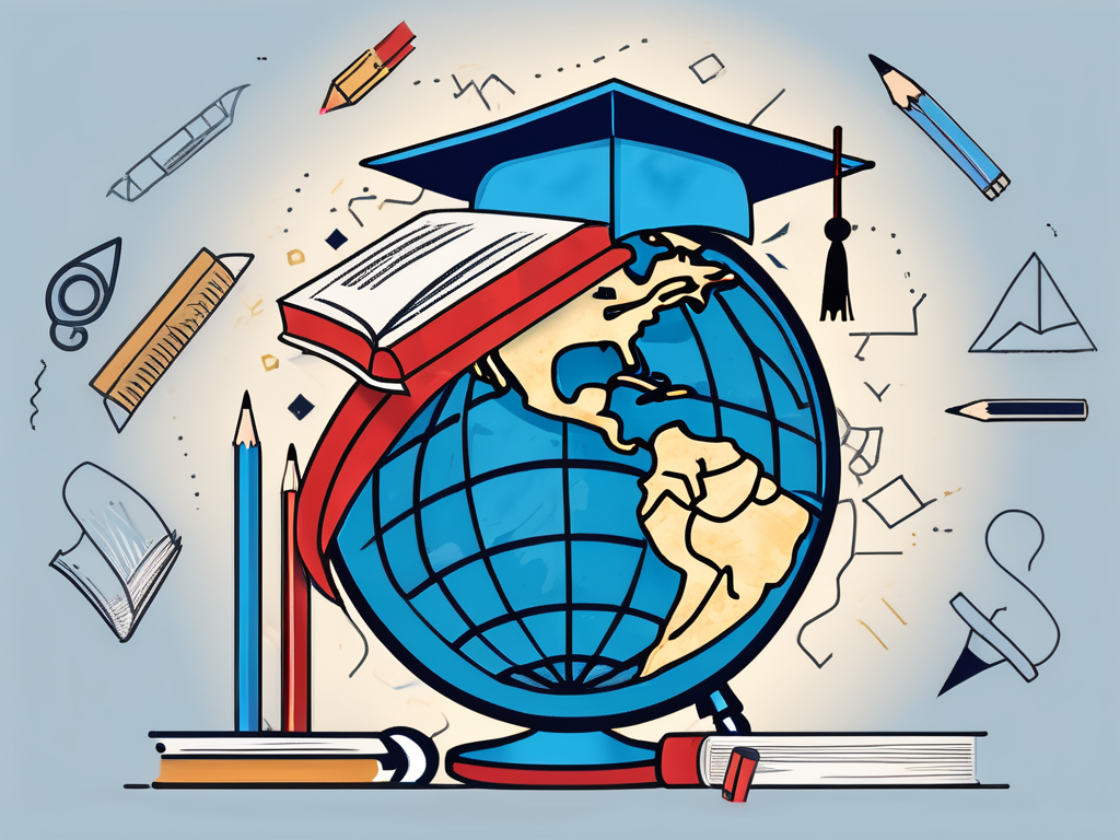 A globe surrounded by various educational tools like books