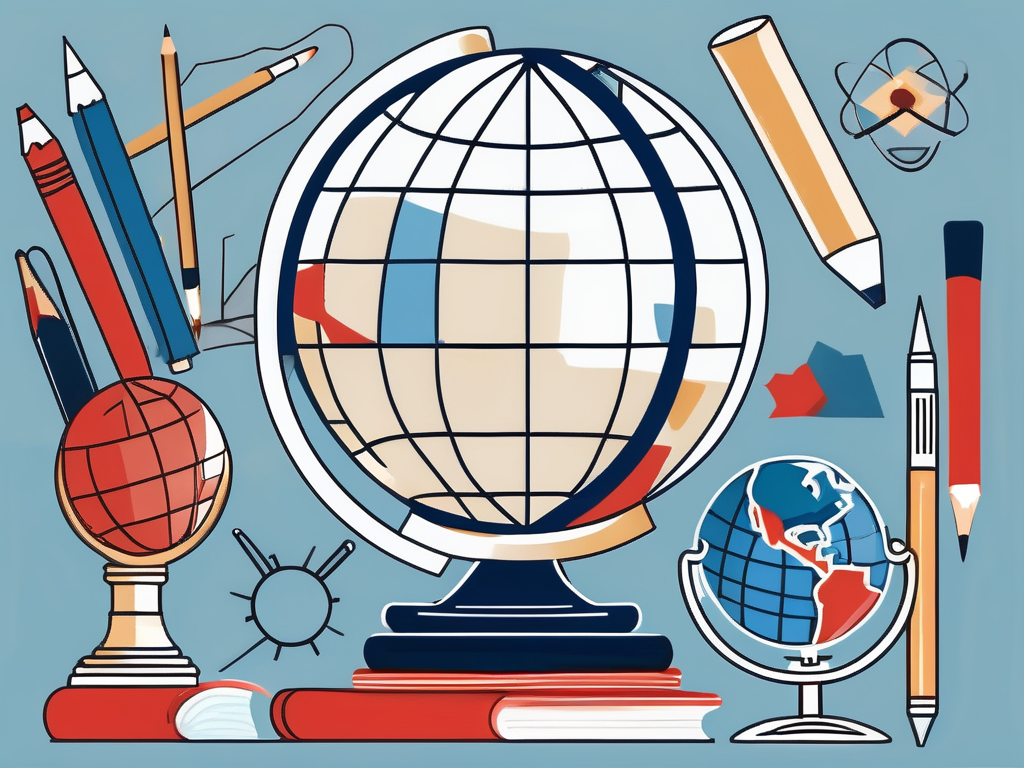 A globe with various educational tools like books