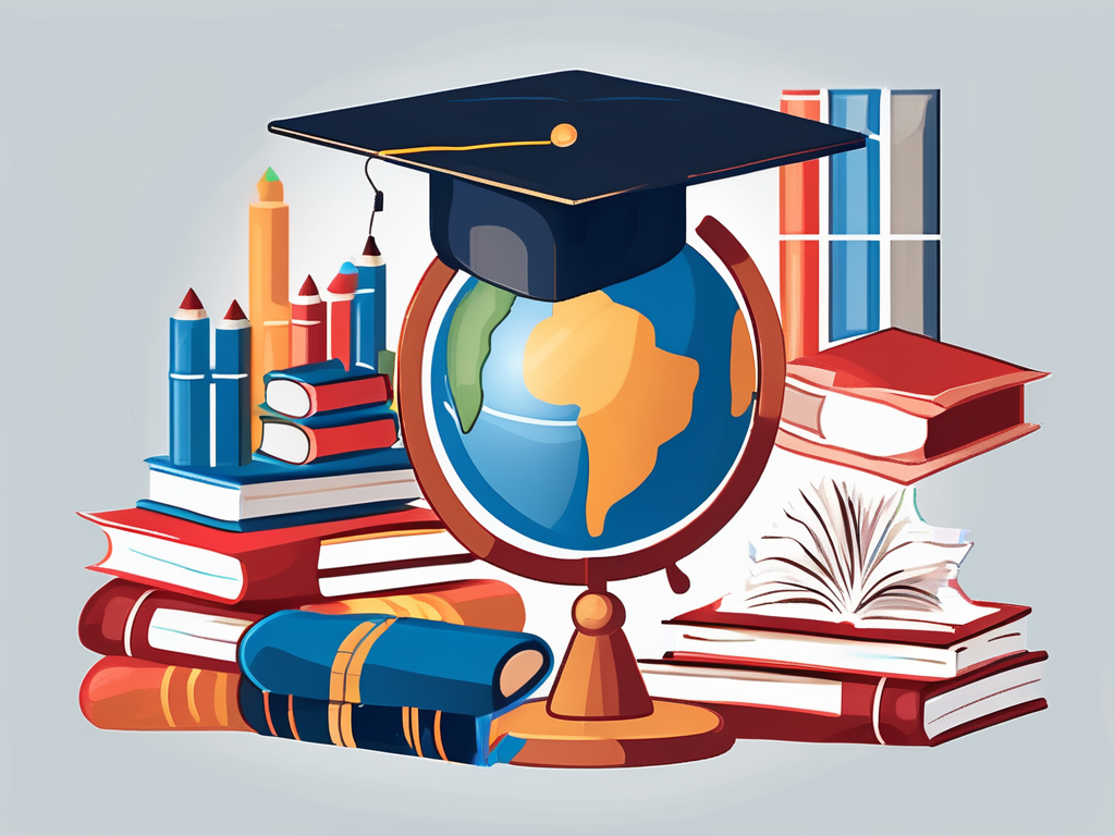 A globe surrounded by various educational tools like books