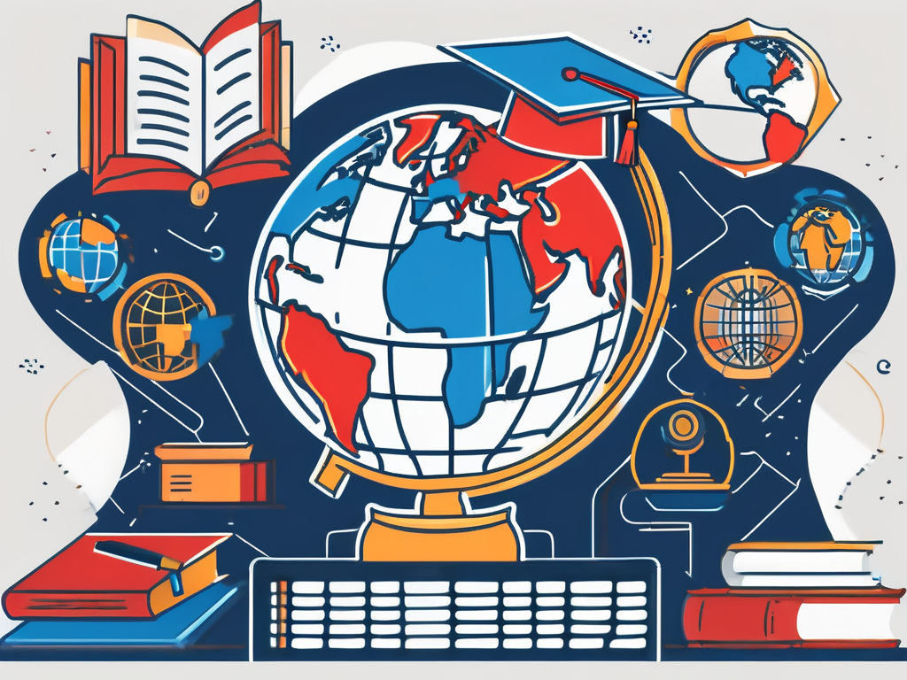 A globe with different educational icons like books