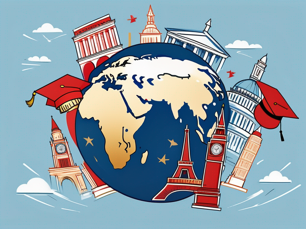 A globe surrounded by various iconic international landmarks