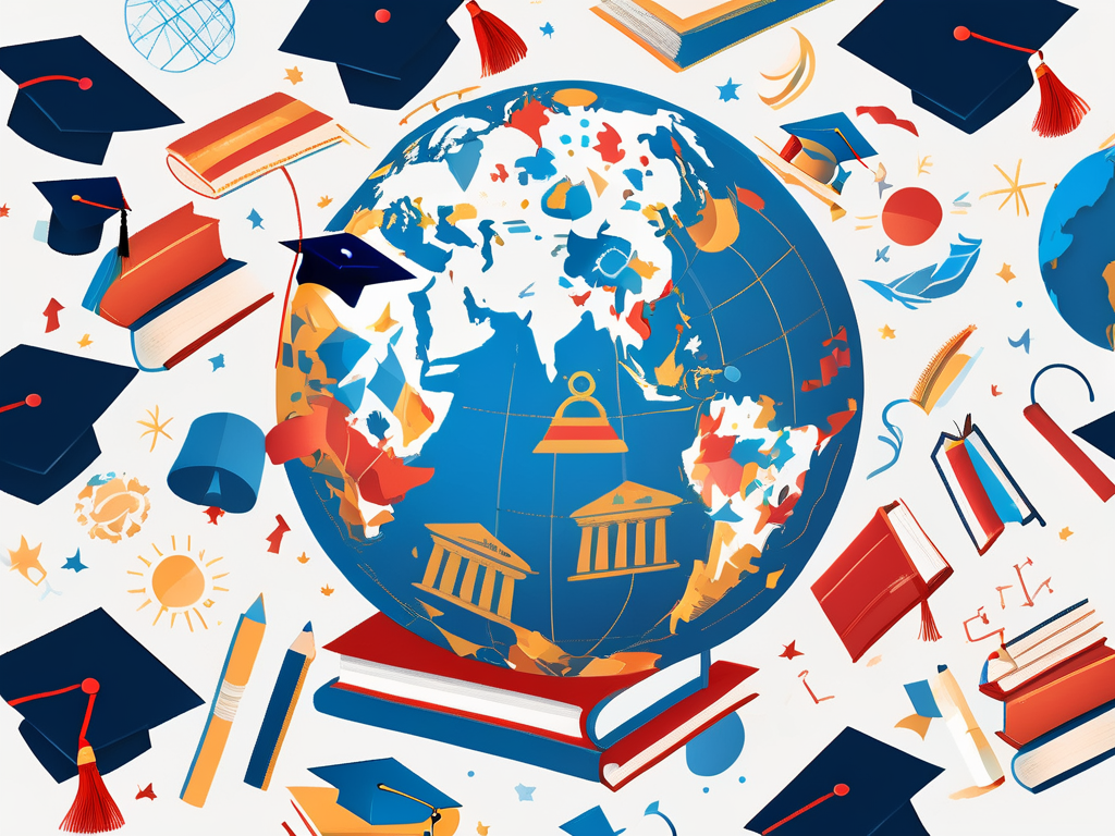 A globe with various education-related symbols