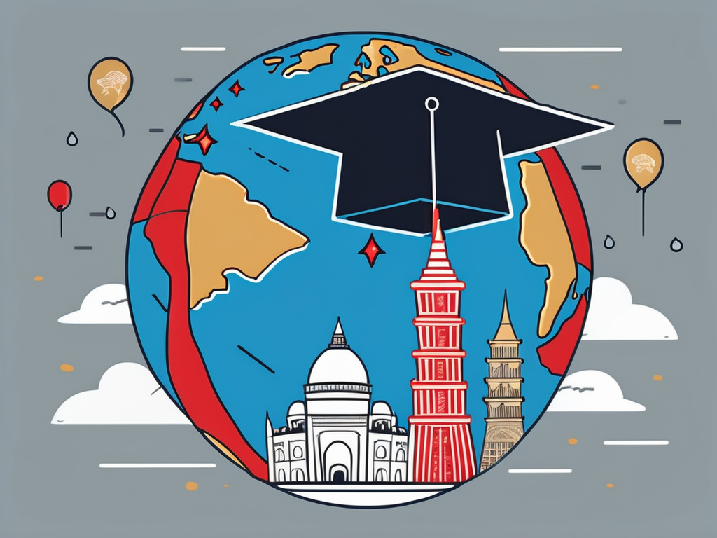 A globe with various iconic landmarks