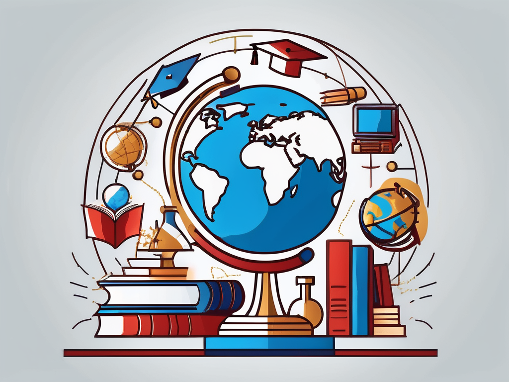 A globe with various iconic educational symbols like books
