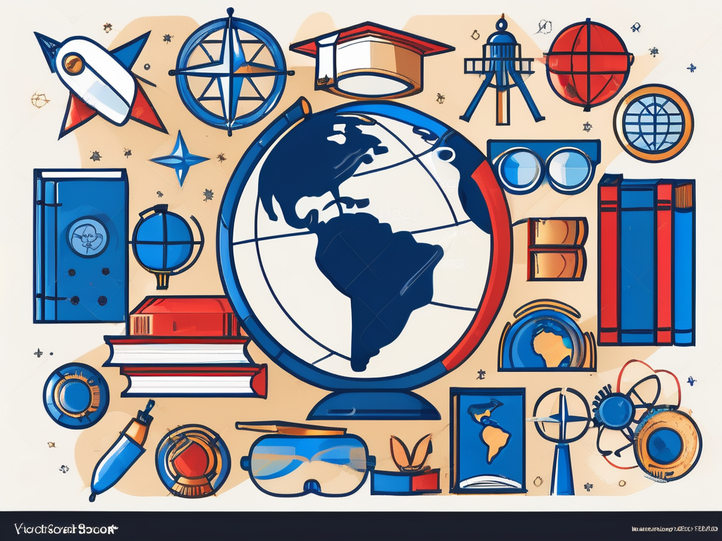 A globe surrounded by various iconic educational tools like books