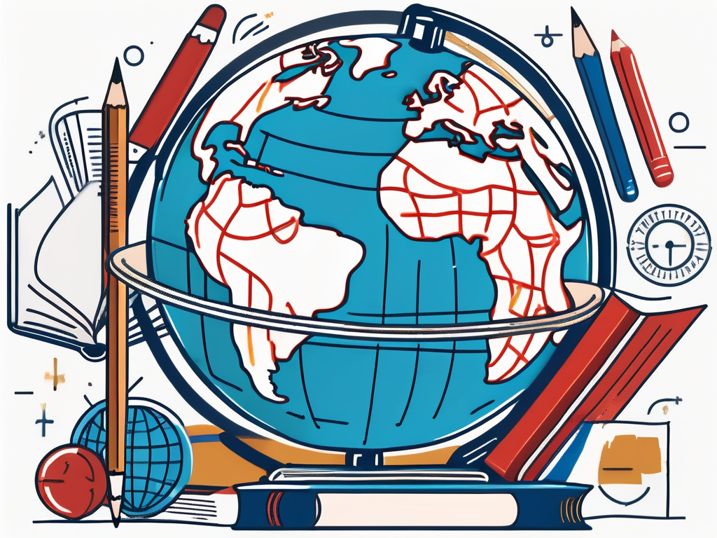 A globe with various educational tools like a ruler