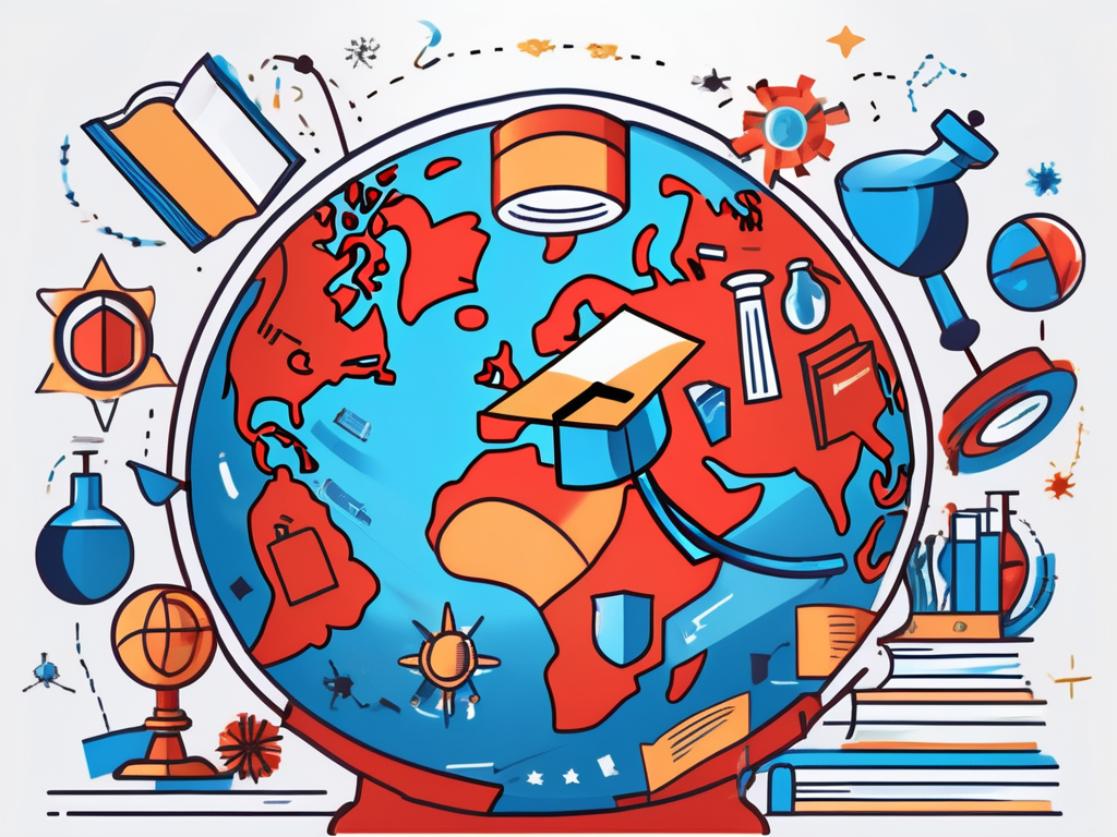 A globe with various iconic educational symbols like books