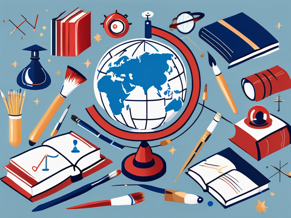 A globe surrounded by various educational tools like books