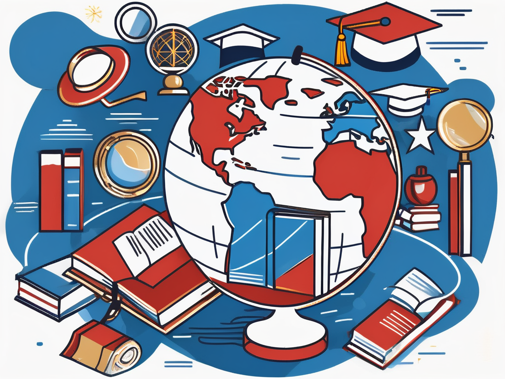 A globe with various iconic educational symbols like graduation caps