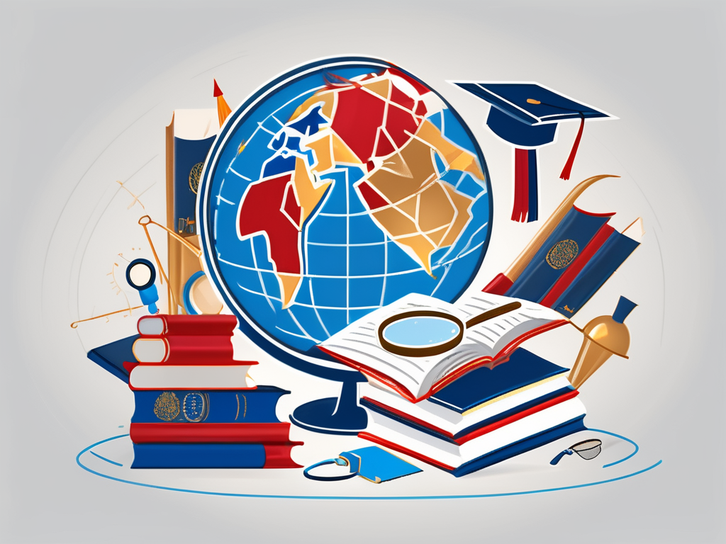 A globe with various educational icons like books