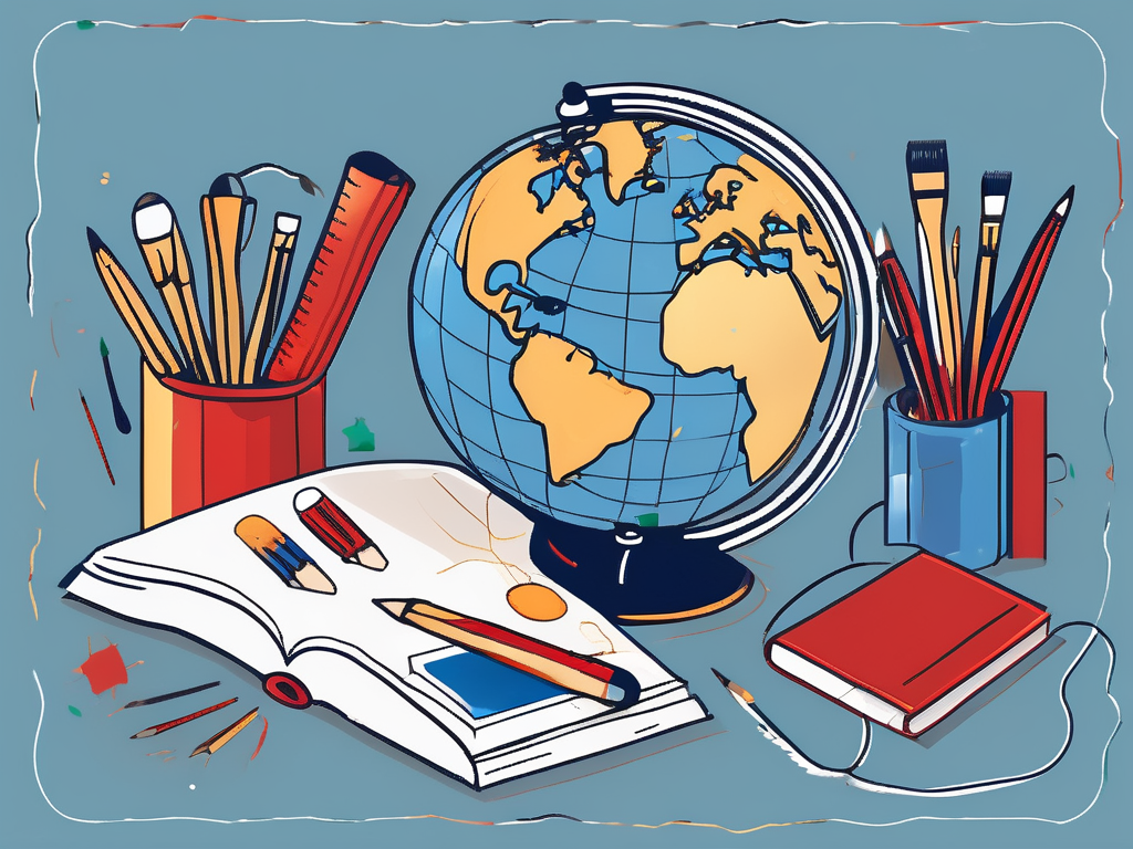 A globe with various educational tools like a calculator