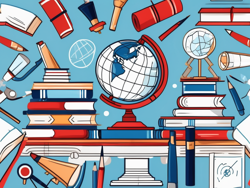 A globe surrounded by various educational tools like books