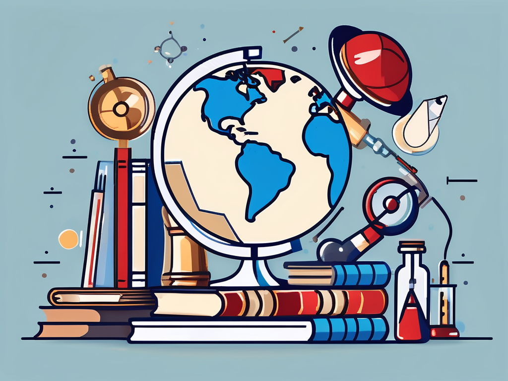 A globe surrounded by various educational tools like books