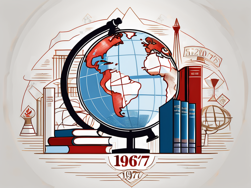 A globe surrounded by various symbols of education such as books
