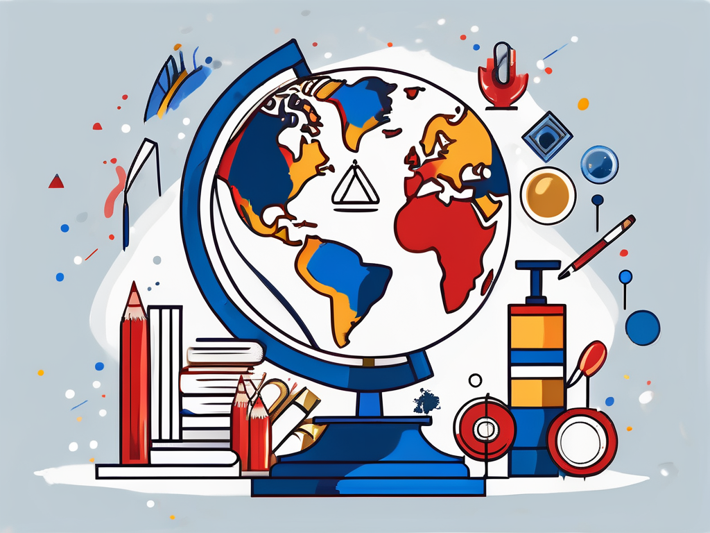 A globe surrounded by various educational symbols like books