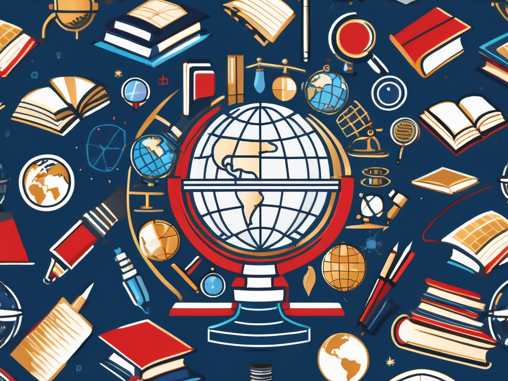 A globe surrounded by various iconic educational symbols like graduation caps