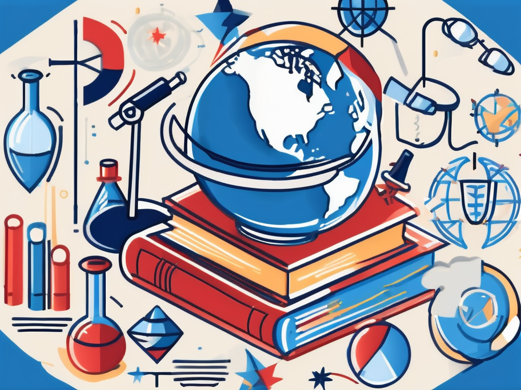 A globe with various iconic educational symbols such as a graduation cap
