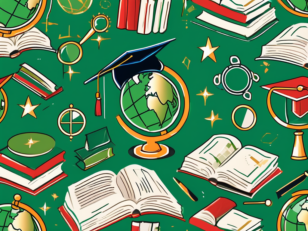 A globe with various iconic educational symbols like books