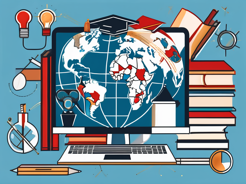 A globe surrounded by various educational tools like books
