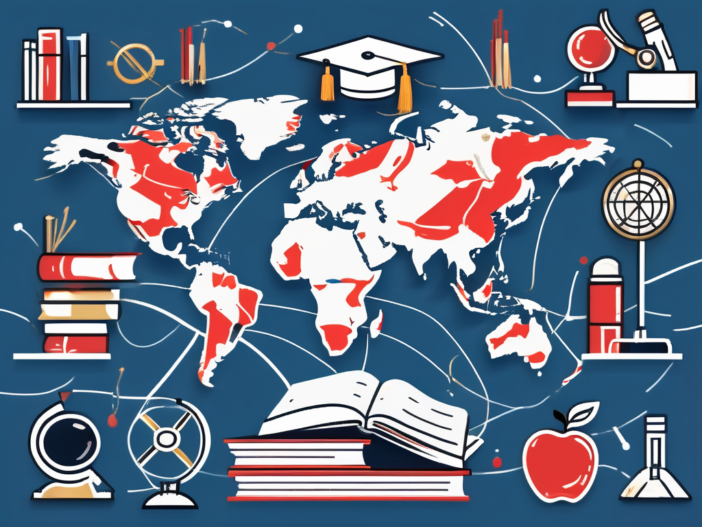 A global map with various iconic educational tools such as books