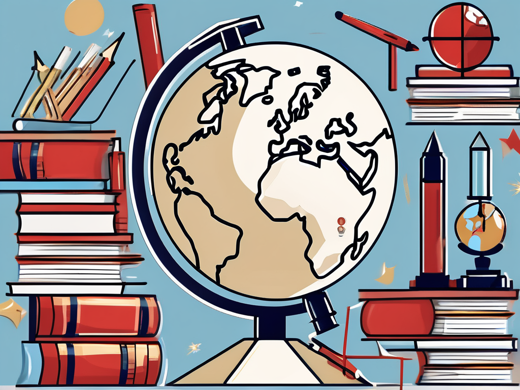 A globe surrounded by various educational tools like books