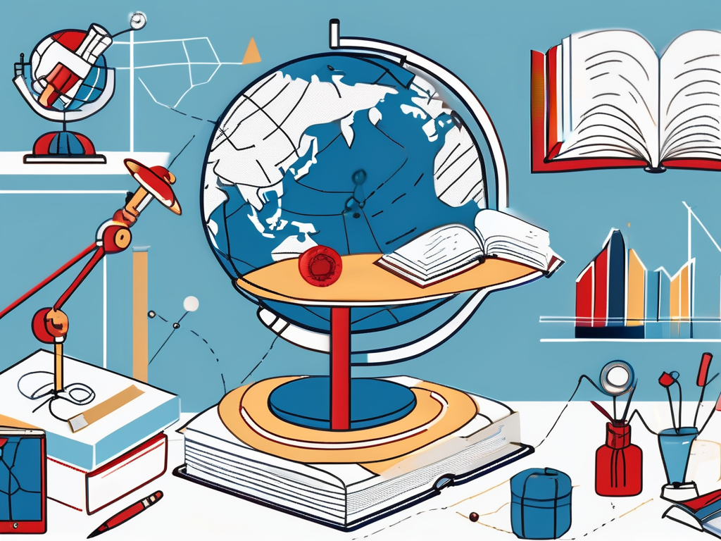 A globe with different iconic educational tools such as a microscope