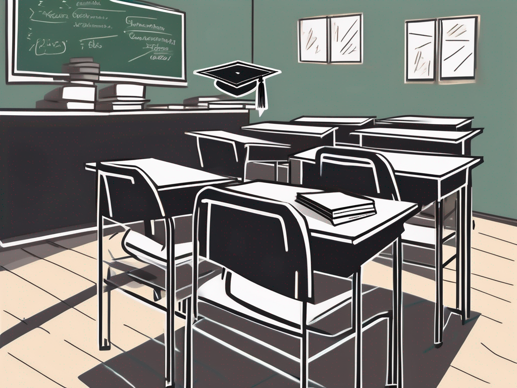 A classroom setting in dubai with empty chairs and desks