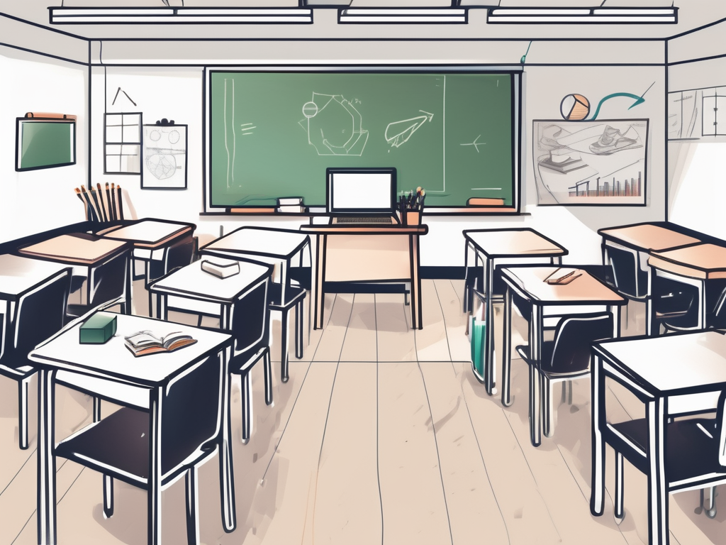 A modern classroom setting in singapore with various educational tools and game elements scattered around