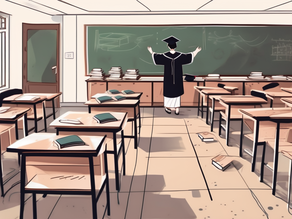 A classroom scene in china with a few empty desks