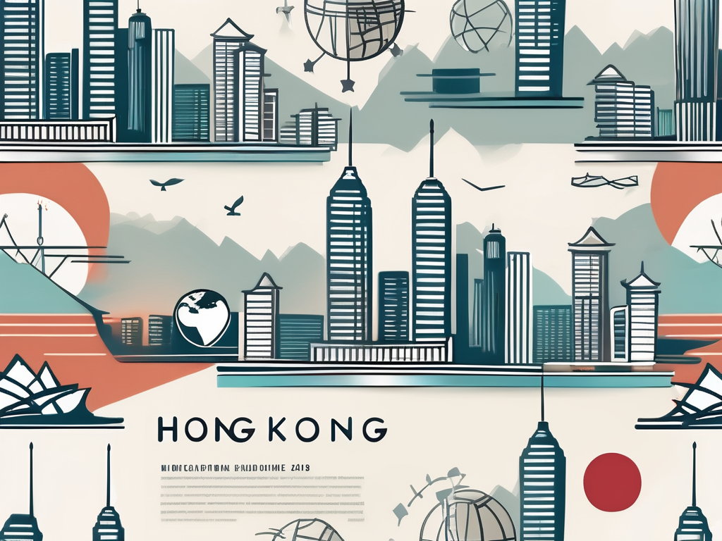 The hong kong skyline with iconic educational symbols such as graduation cap