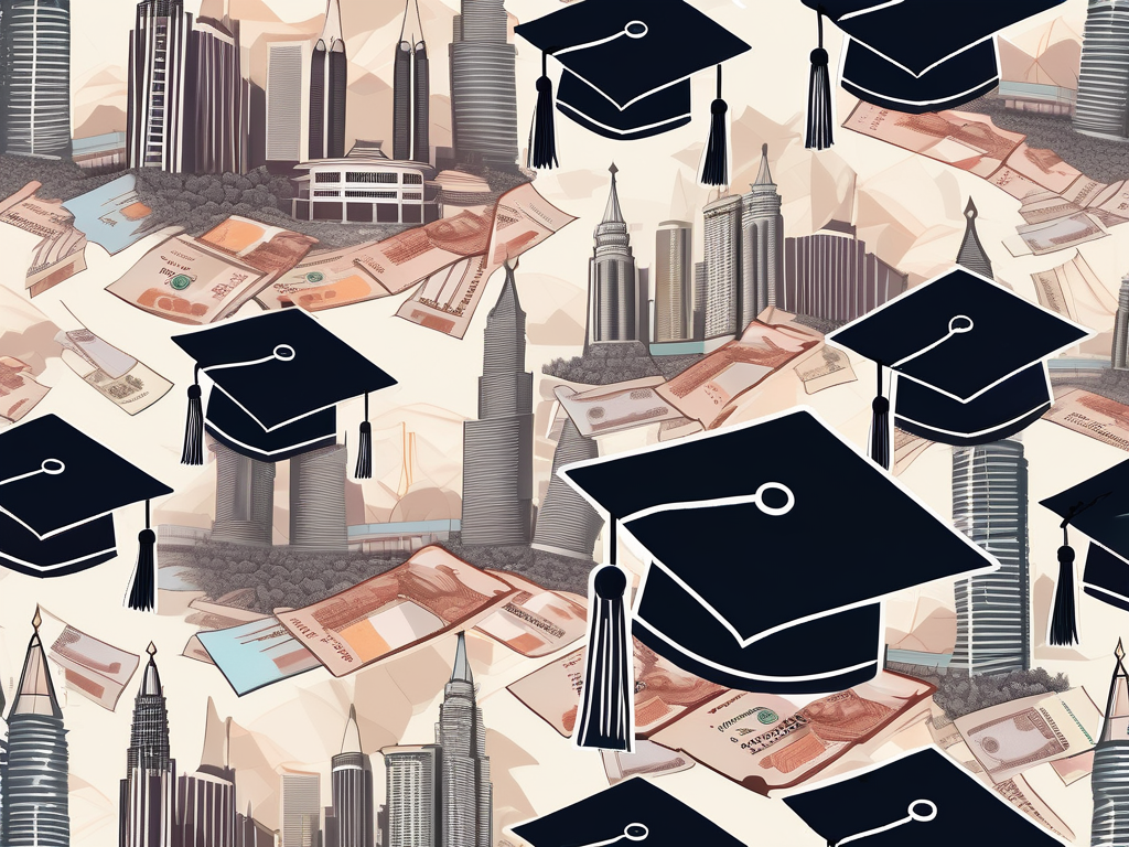 A graduation cap sitting atop a pile of malaysian ringgit currency