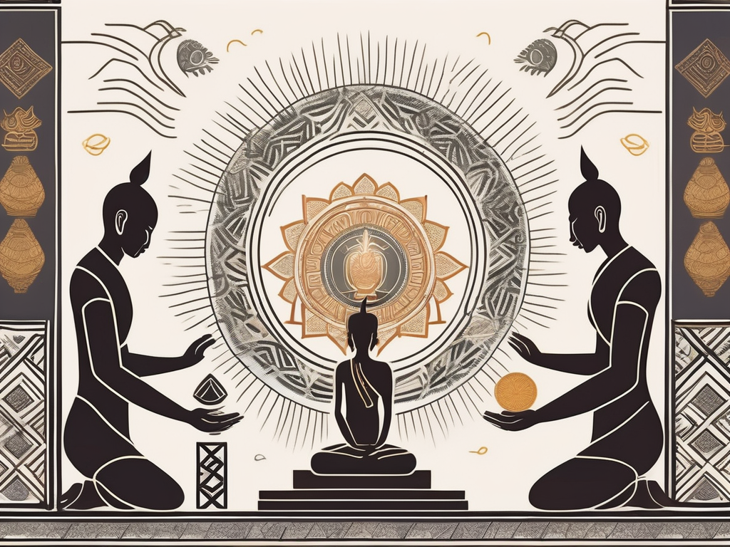 A symbolic barrier made of traditional thai elements being broken open by a beam of light