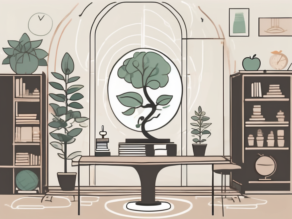 A tranquil classroom in hong kong with elements symbolizing well-being such as a plant for growth